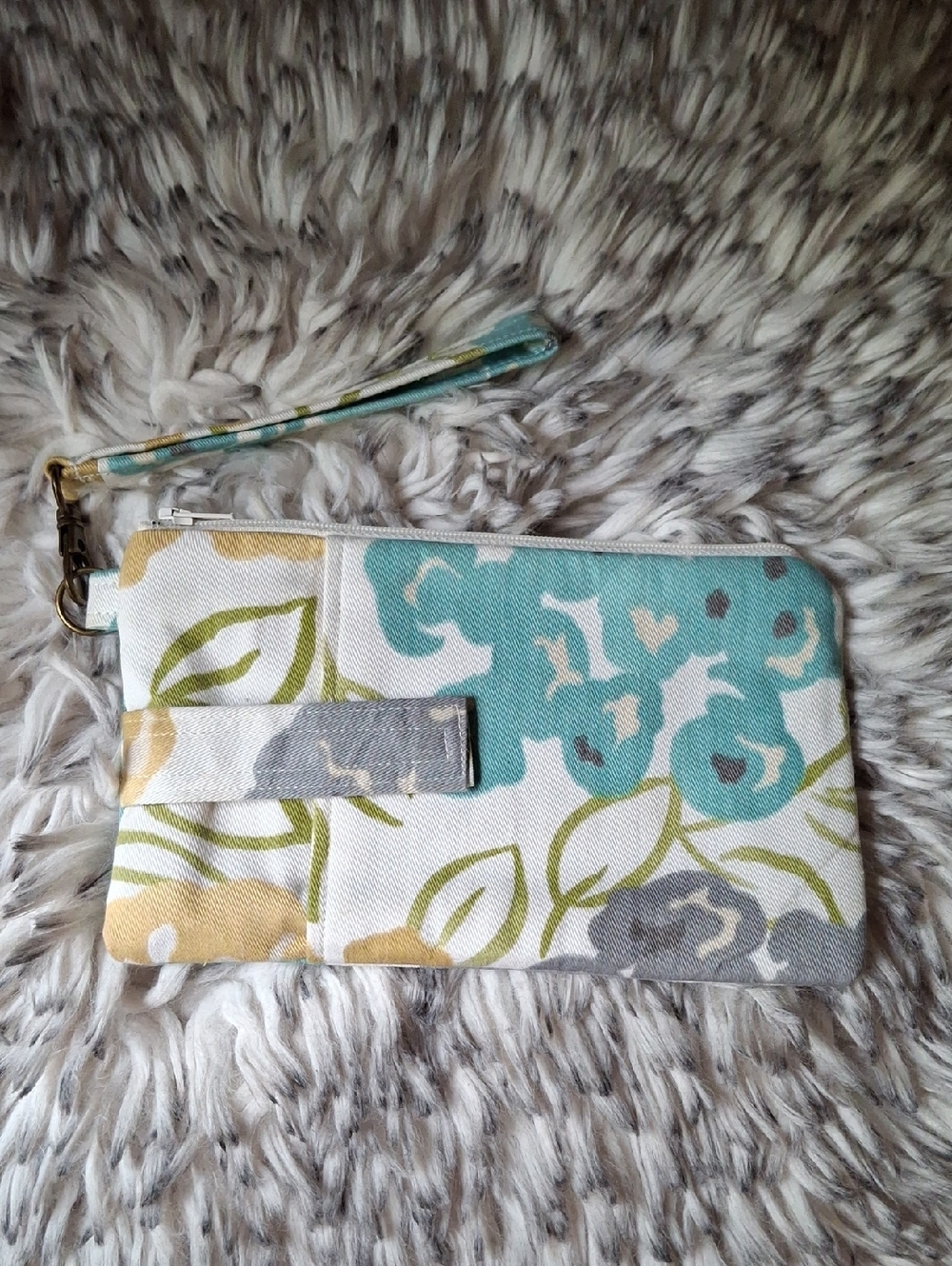 Floral Canvas Wristlet Clutch in Teal, Gray & Mustard